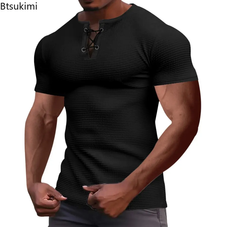 Fashion Men's Casual Short Sleeve T-shirts Summer New Solid Simple Henry Shirts Men Comfy Sport Tees Vintage Versatile Slim Tops