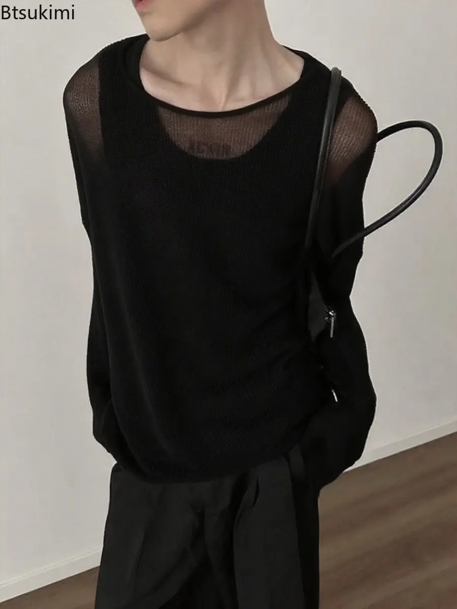 2025 Summer Men's Solid Color Knitted T-shirt Round Neck Shoulder Down Long Sleeve Knitted Top Fashion Thin Loose Casual T-shirt