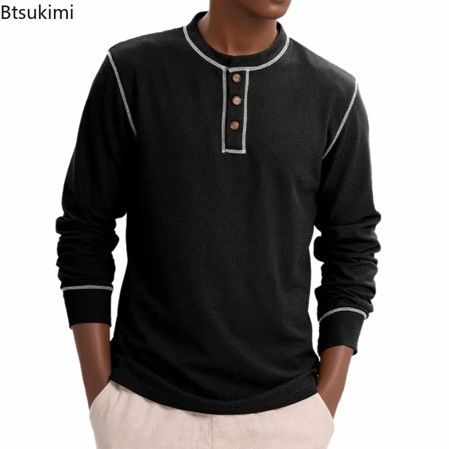 Mens Spring Autumn Long Sleeve Waffle T Shirt Henry Collar Casual Solid T-Shirts High Quality Male Fashion Patchwork Pullover