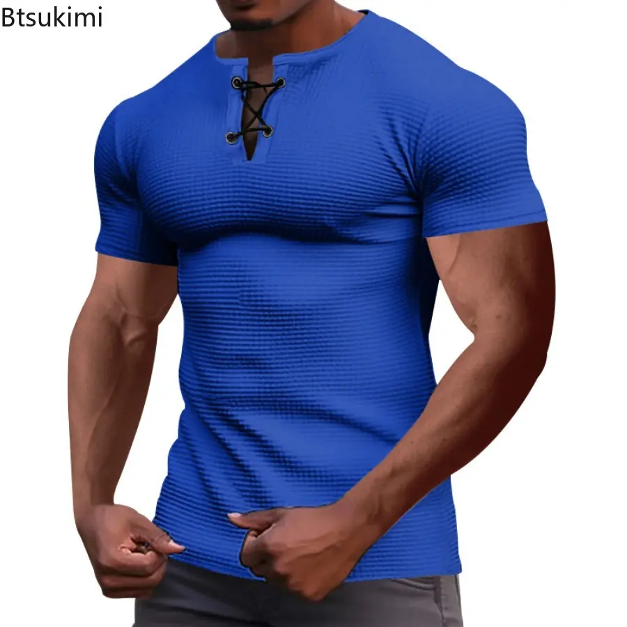 Fashion Men's Casual Short Sleeve T-shirts Summer New Solid Simple Henry Shirts Men Comfy Sport Tees Vintage Versatile Slim Tops