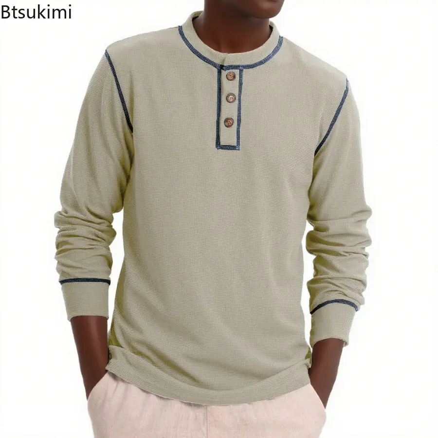 Mens Spring Autumn Long Sleeve Waffle T Shirt Henry Collar Casual Solid T-Shirts High Quality Male Fashion Patchwork Pullover