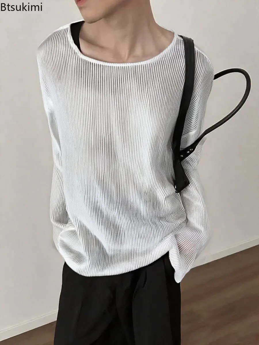 2025 Summer Men's Solid Color Knitted T-shirt Round Neck Shoulder Down Long Sleeve Knitted Top Fashion Thin Loose Casual T-shirt