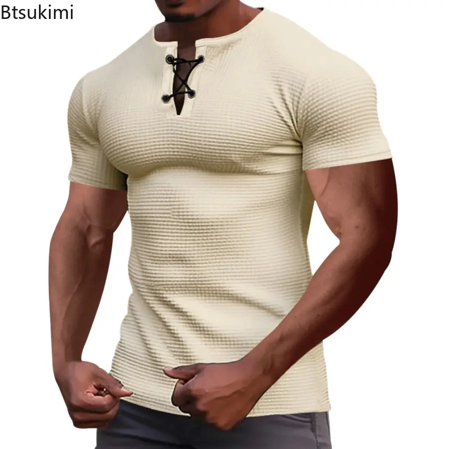 Fashion Men's Casual Short Sleeve T-shirts Summer New Solid Simple Henry Shirts Men Comfy Sport Tees Vintage Versatile Slim Tops