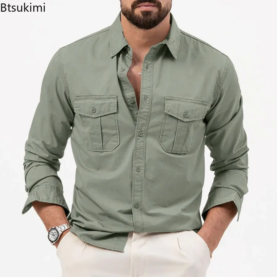 Fashion New Men's Casual Long-sleeved Shirts Multi-pockets Lapel Cardigan Tops Men Comfy Loose Workwear Safari Style Blouse Male