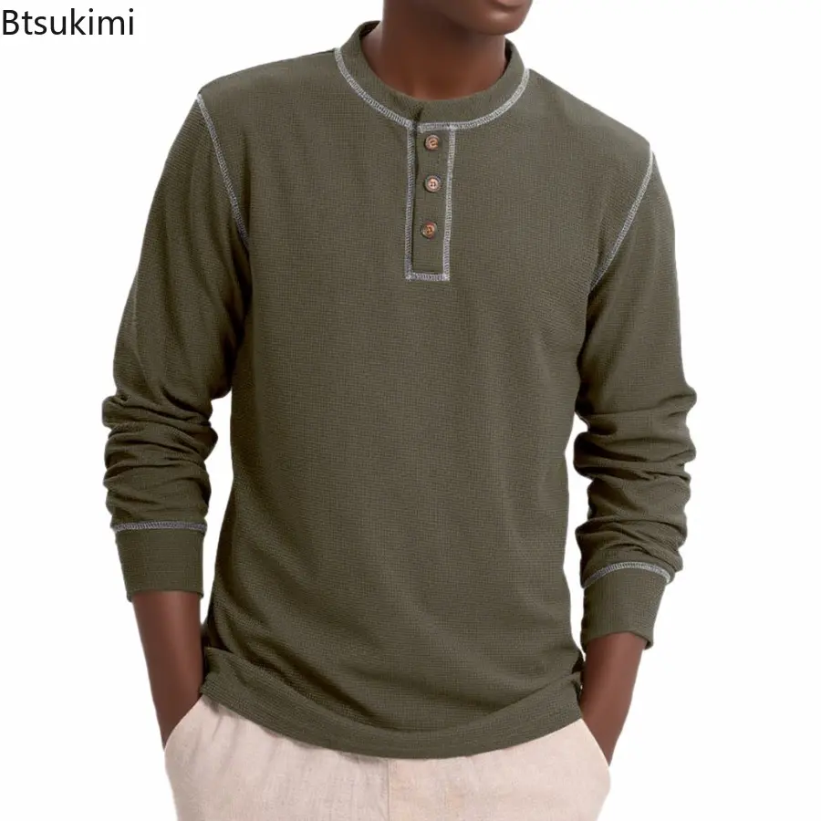 Mens Spring Autumn Long Sleeve Waffle T Shirt Henry Collar Casual Solid T-Shirts High Quality Male Fashion Patchwork Pullover