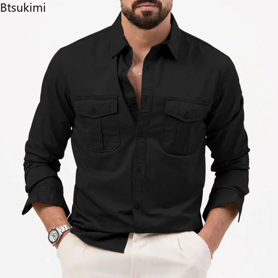 Fashion New Men's Casual Long-sleeved Shirts Multi-pockets Lapel Cardigan Tops Men Comfy Loose Workwear Safari Style Blouse Male