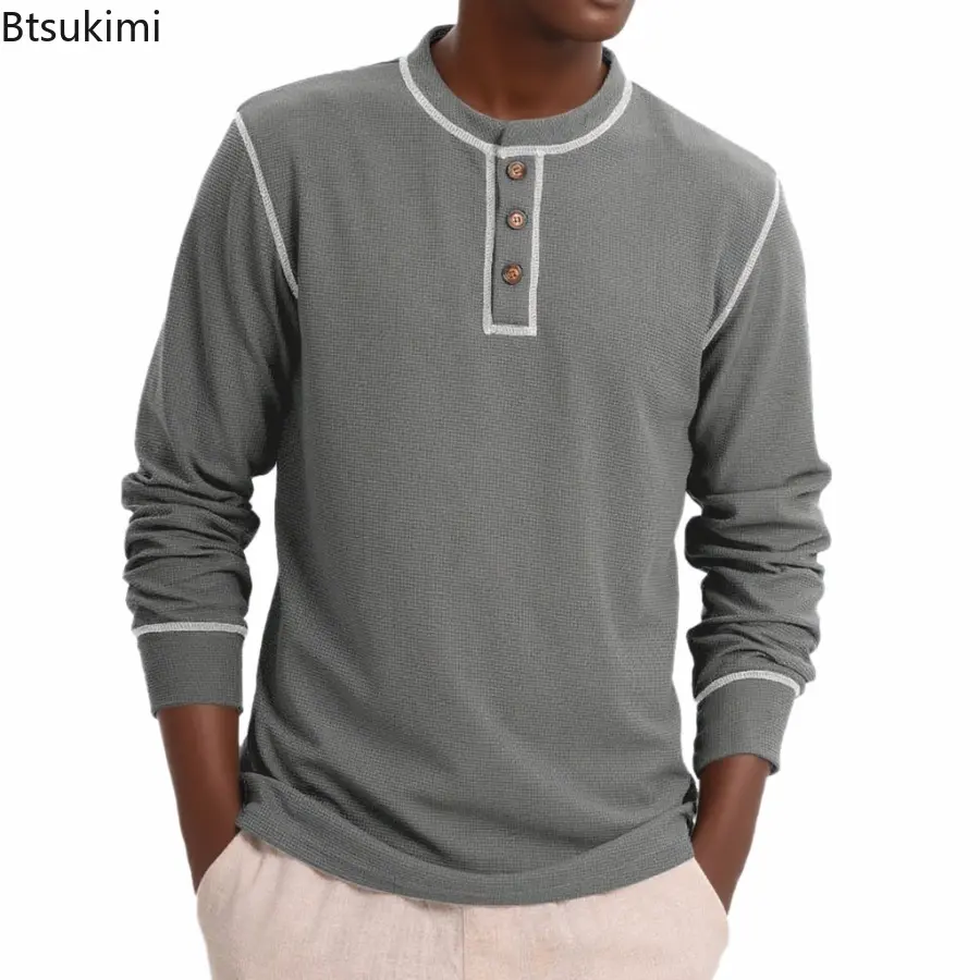 Mens Spring Autumn Long Sleeve Waffle T Shirt Henry Collar Casual Solid T-Shirts High Quality Male Fashion Patchwork Pullover