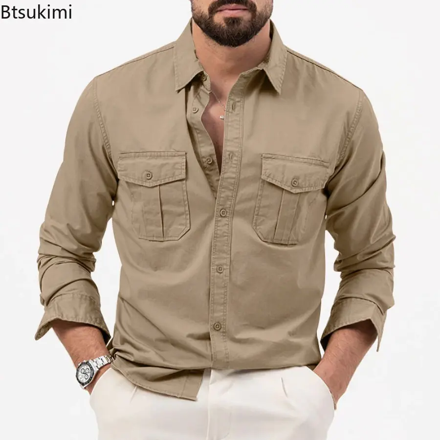 Fashion New Men's Casual Long-sleeved Shirts Multi-pockets Lapel Cardigan Tops Men Comfy Loose Workwear Safari Style Blouse Male