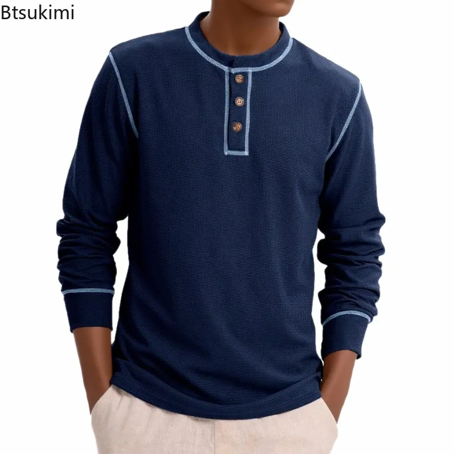 Mens Spring Autumn Long Sleeve Waffle T Shirt Henry Collar Casual Solid T-Shirts High Quality Male Fashion Patchwork Pullover