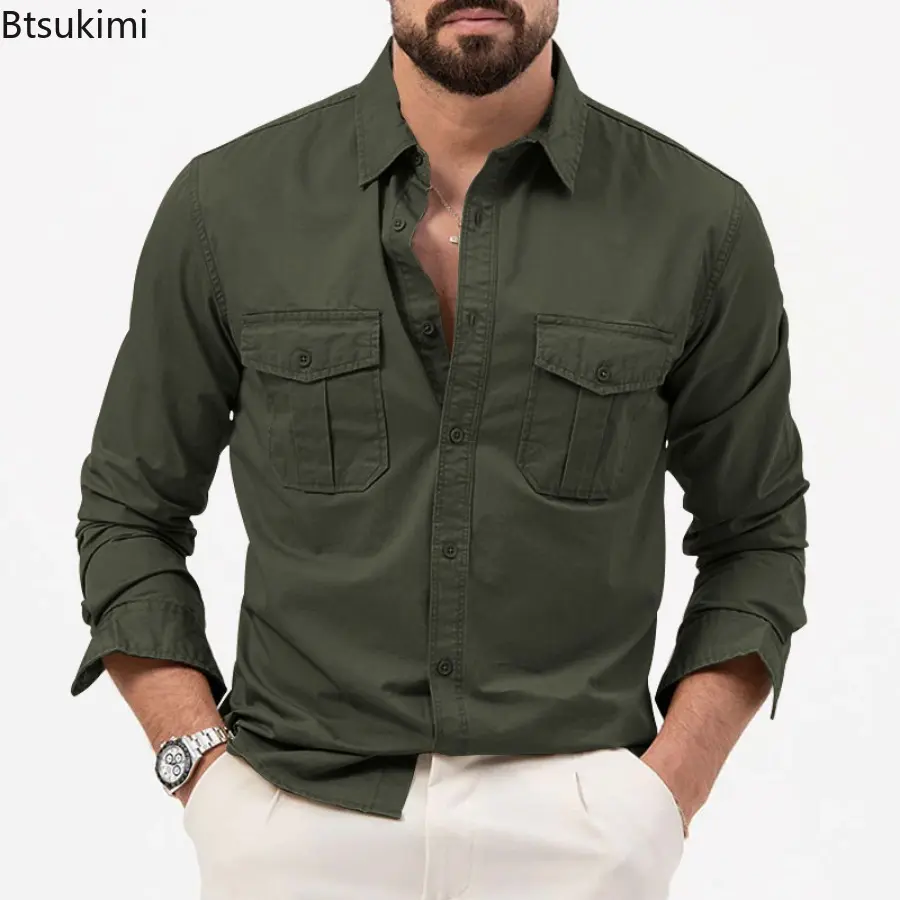 Fashion New Men's Casual Long-sleeved Shirts Multi-pockets Lapel Cardigan Tops Men Comfy Loose Workwear Safari Style Blouse Male