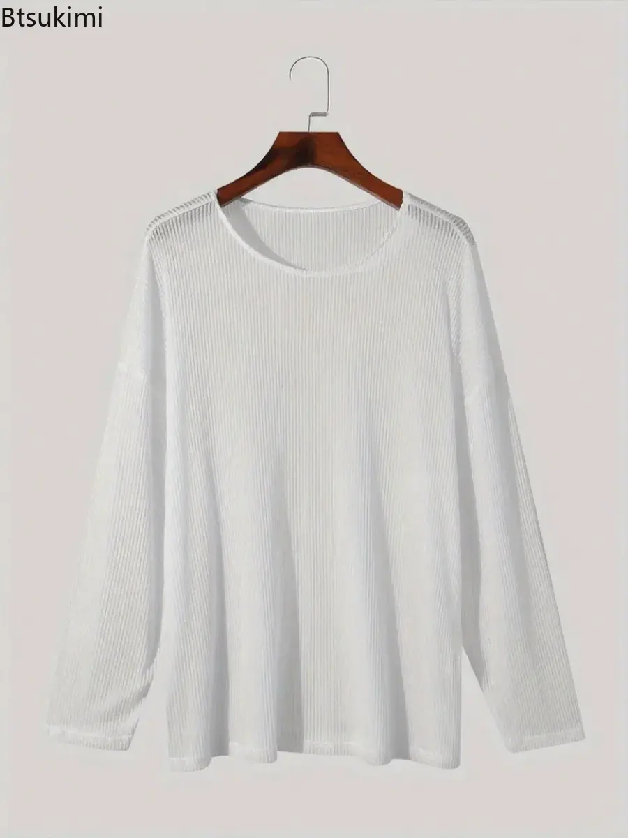 2025 Summer Men's Solid Color Knitted T-shirt Round Neck Shoulder Down Long Sleeve Knitted Top Fashion Thin Loose Casual T-shirt