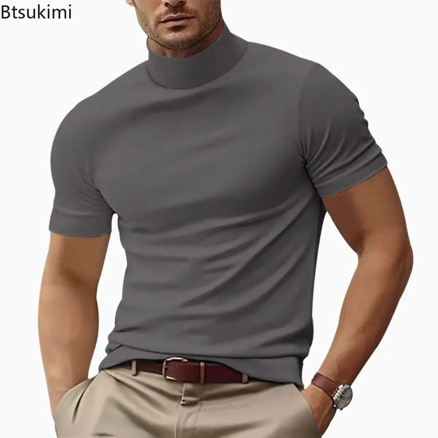 New Men's Solid Color Casual T-shirt Summer Fashion Half High Neck Simple Slim Bottoming Shirt Men Sweat Absorption Fitness Tops