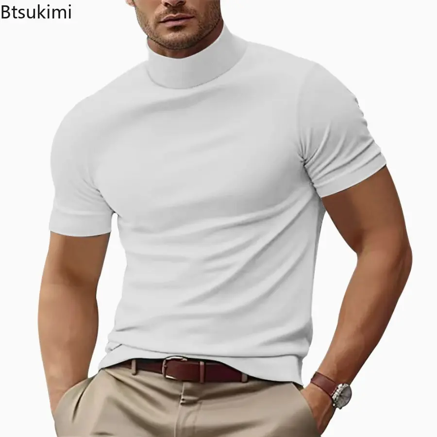 New Men's Solid Color Casual T-shirt Summer Fashion Half High Neck Simple Slim Bottoming Shirt Men Sweat Absorption Fitness Tops