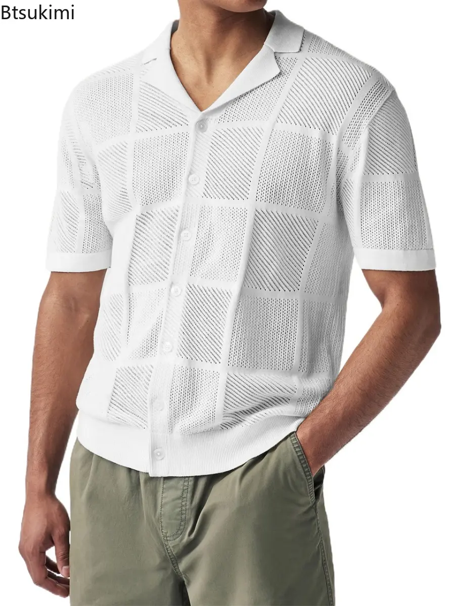Summer Fashion New Casual Shirt for Men Short Sleeve Solid Knitted Cardigan Lapel Tops 2025 Men's Hollow Out Knitting Polo Shirt