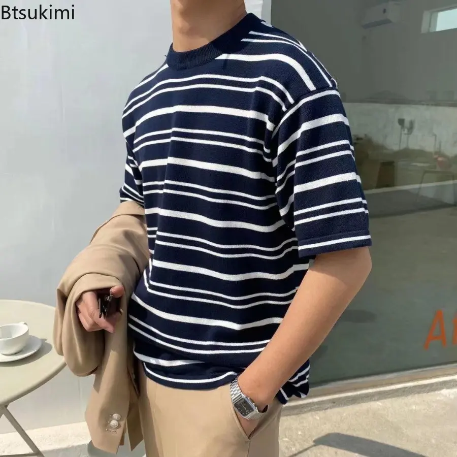 Summer Fashion Versatile Knitting O-neck T-shirts for Men Casual Loose Short-Sleeved Tops Men Striped Personalized Daily Clothes