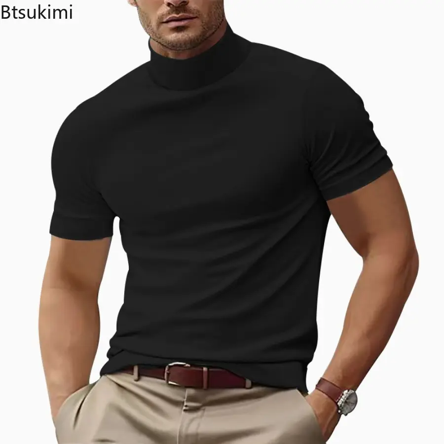 New Men's Solid Color Casual T-shirt Summer Fashion Half High Neck Simple Slim Bottoming Shirt Men Sweat Absorption Fitness Tops