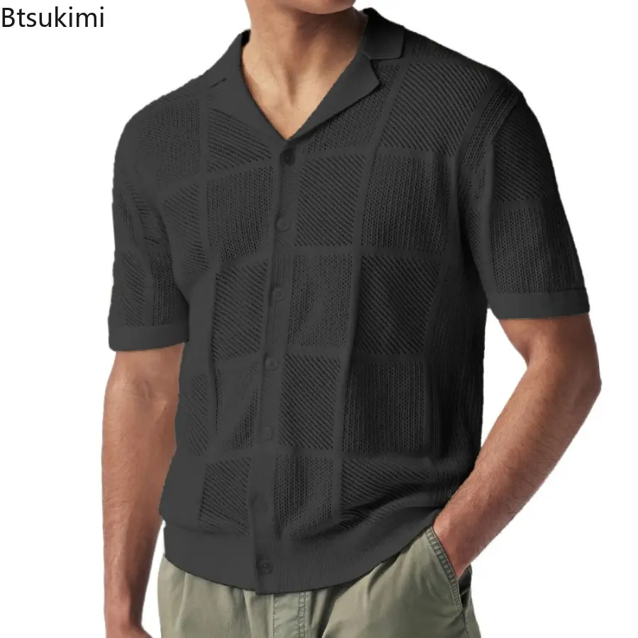 Summer Fashion New Casual Shirt for Men Short Sleeve Solid Knitted Cardigan Lapel Tops 2025 Men's Hollow Out Knitting Polo Shirt