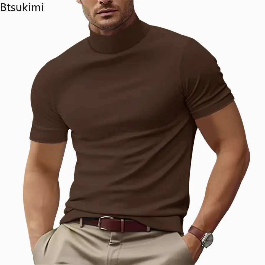 New Men's Solid Color Casual T-shirt Summer Fashion Half High Neck Simple Slim Bottoming Shirt Men Sweat Absorption Fitness Tops
