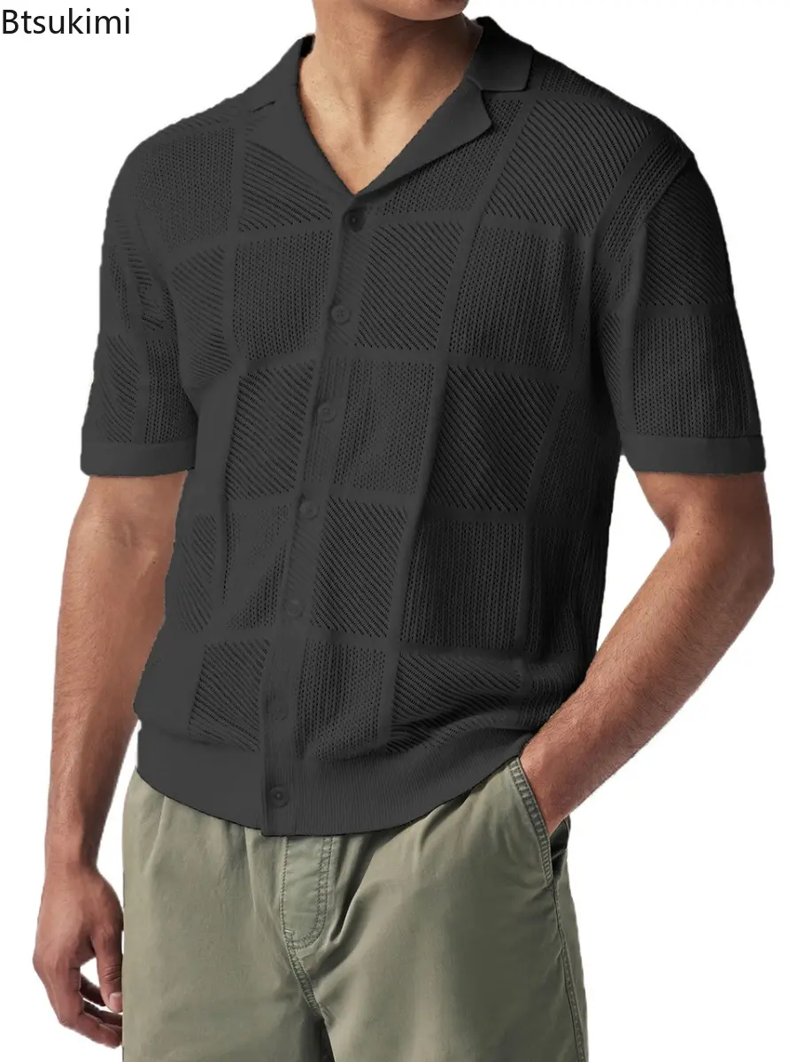 Summer Fashion New Casual Shirt for Men Short Sleeve Solid Knitted Cardigan Lapel Tops 2025 Men's Hollow Out Knitting Polo Shirt