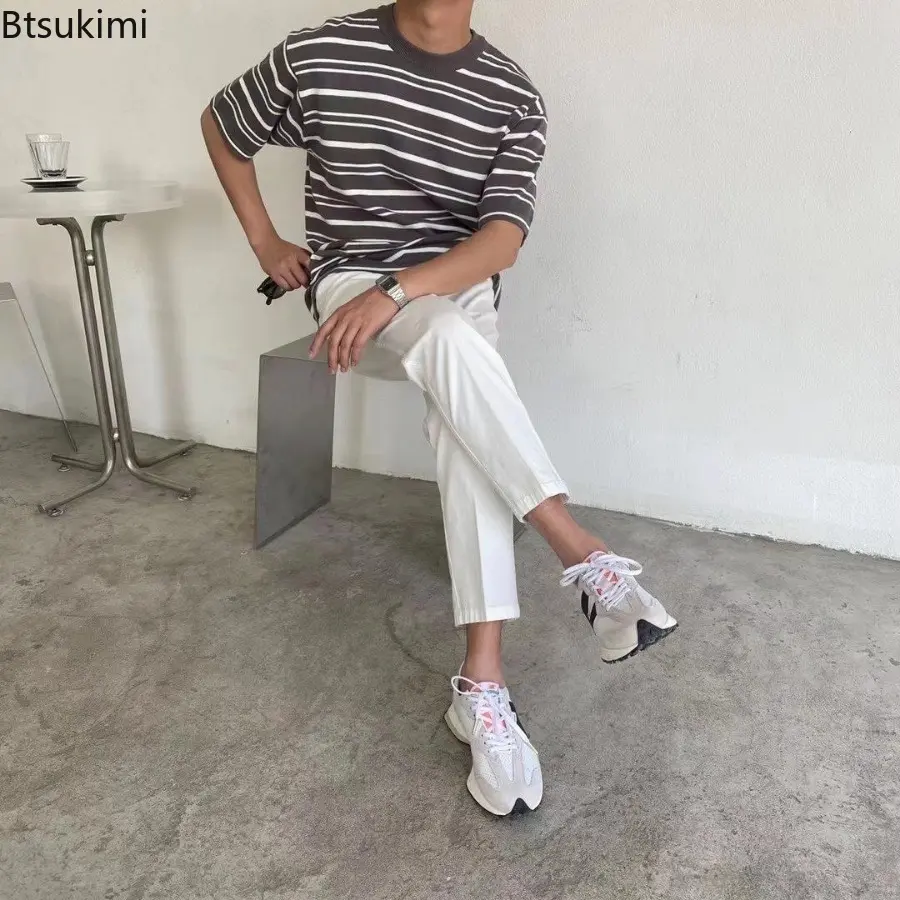 Summer Fashion Versatile Knitting O-neck T-shirts for Men Casual Loose Short-Sleeved Tops Men Striped Personalized Daily Clothes