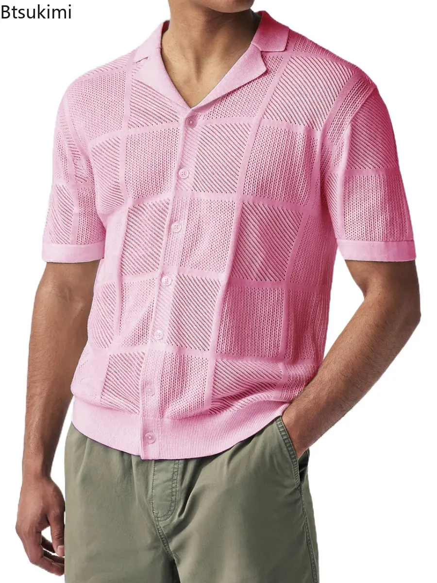 Summer Fashion New Casual Shirt for Men Short Sleeve Solid Knitted Cardigan Lapel Tops 2025 Men's Hollow Out Knitting Polo Shirt