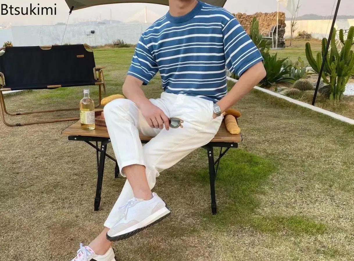 Summer Fashion Versatile Knitting O-neck T-shirts for Men Casual Loose Short-Sleeved Tops Men Striped Personalized Daily Clothes