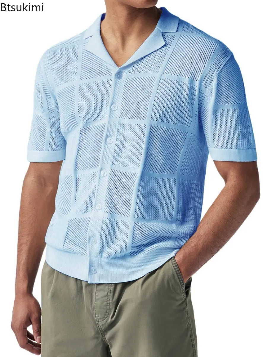 Summer Fashion New Casual Shirt for Men Short Sleeve Solid Knitted Cardigan Lapel Tops 2025 Men's Hollow Out Knitting Polo Shirt