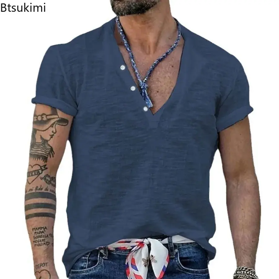 2025 Men's Solid Color Casual Short Sleeve T-shirts Summer Fashion Button-up V-neck Slim Tees Men Comfy Breathable Pullover Tops
