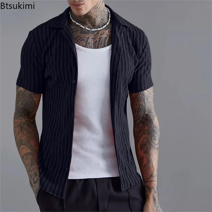 2025 Men's Summer Striped Short-sleeved Casual Shirts Comfy All-match Trend Lapel Cardigan Tops Men Loose Shirt Coats Streetwear
