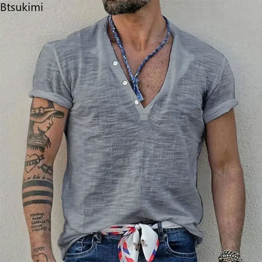 2025 Men's Solid Color Casual Short Sleeve T-shirts Summer Fashion Button-up V-neck Slim Tees Men Comfy Breathable Pullover Tops