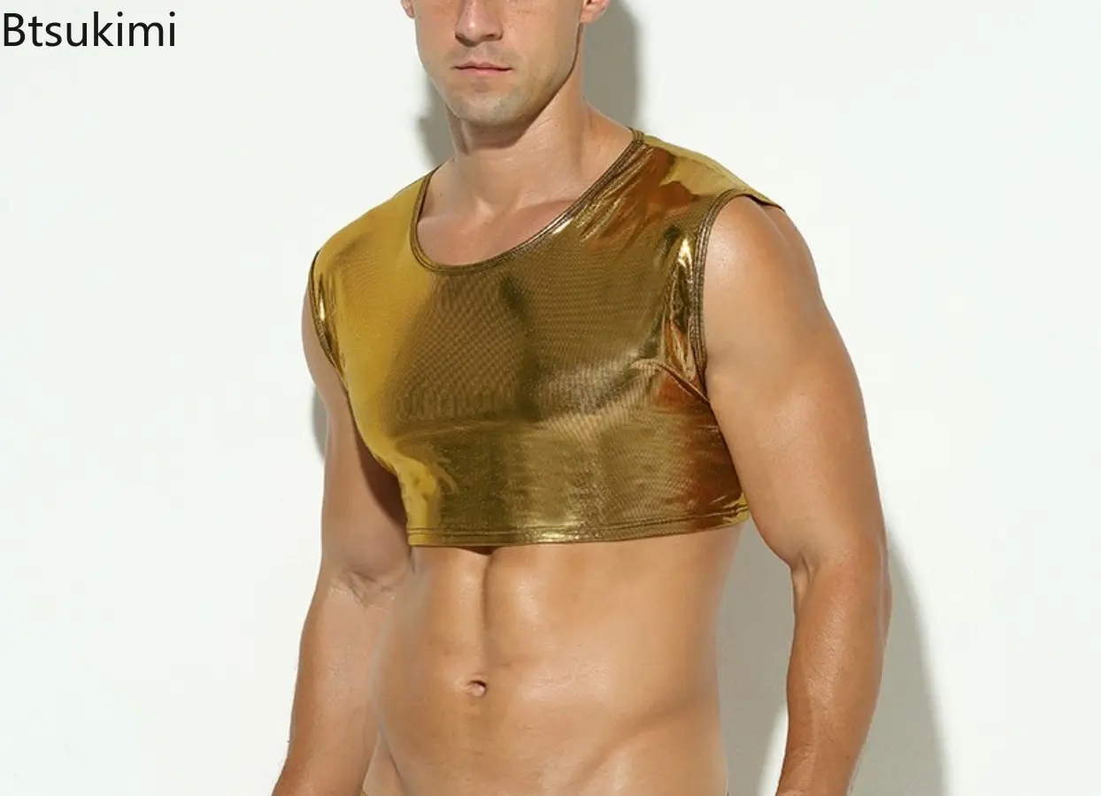 Mens Faux Leather Tank Tops Sleeveless O-Neck Stage Runway Perform Tight Fitting Sports Tops Solid Color Sexy High Stretch Vest