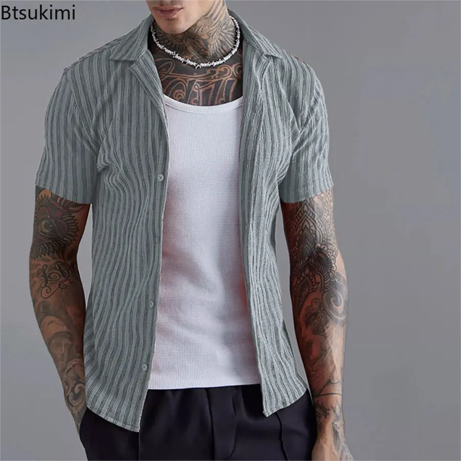 2025 Men's Summer Striped Short-sleeved Casual Shirts Comfy All-match Trend Lapel Cardigan Tops Men Loose Shirt Coats Streetwear