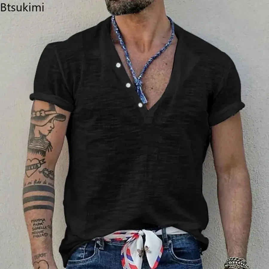 2025 Men's Solid Color Casual Short Sleeve T-shirts Summer Fashion Button-up V-neck Slim Tees Men Comfy Breathable Pullover Tops