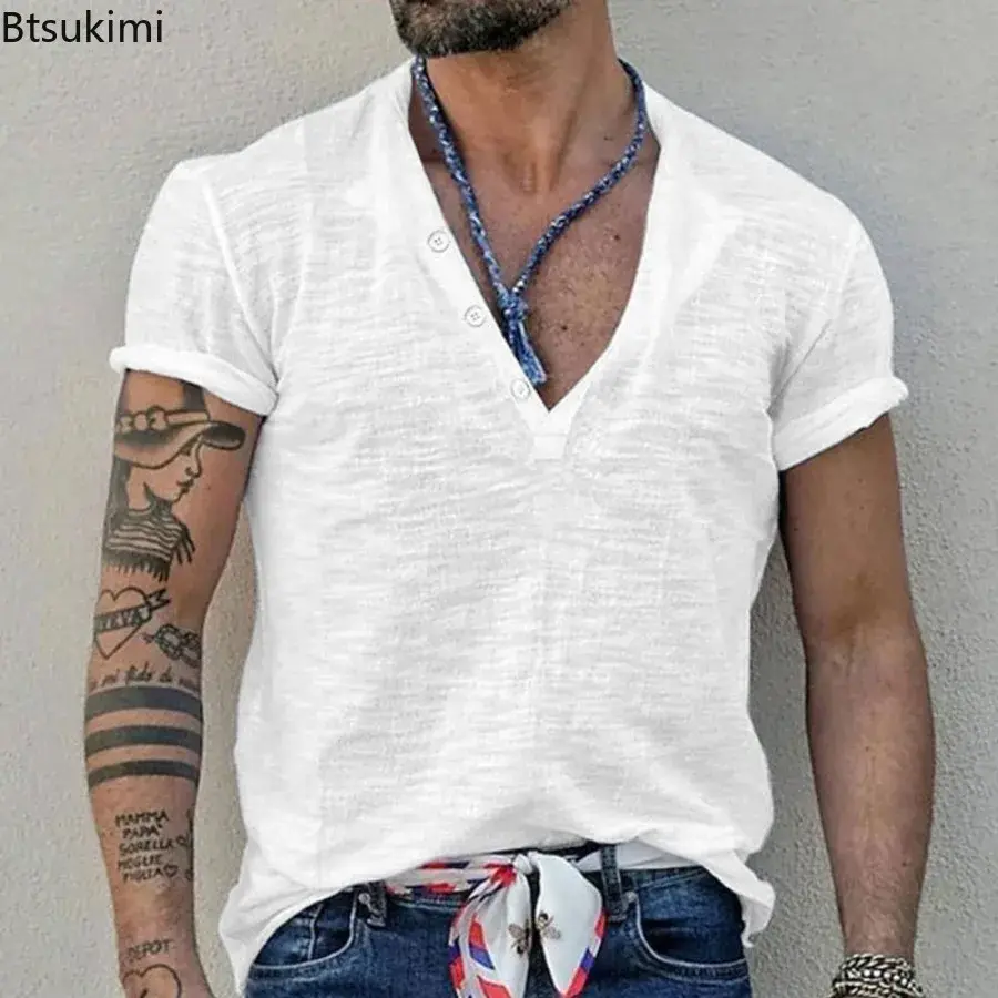 2025 Men's Solid Color Casual Short Sleeve T-shirts Summer Fashion Button-up V-neck Slim Tees Men Comfy Breathable Pullover Tops