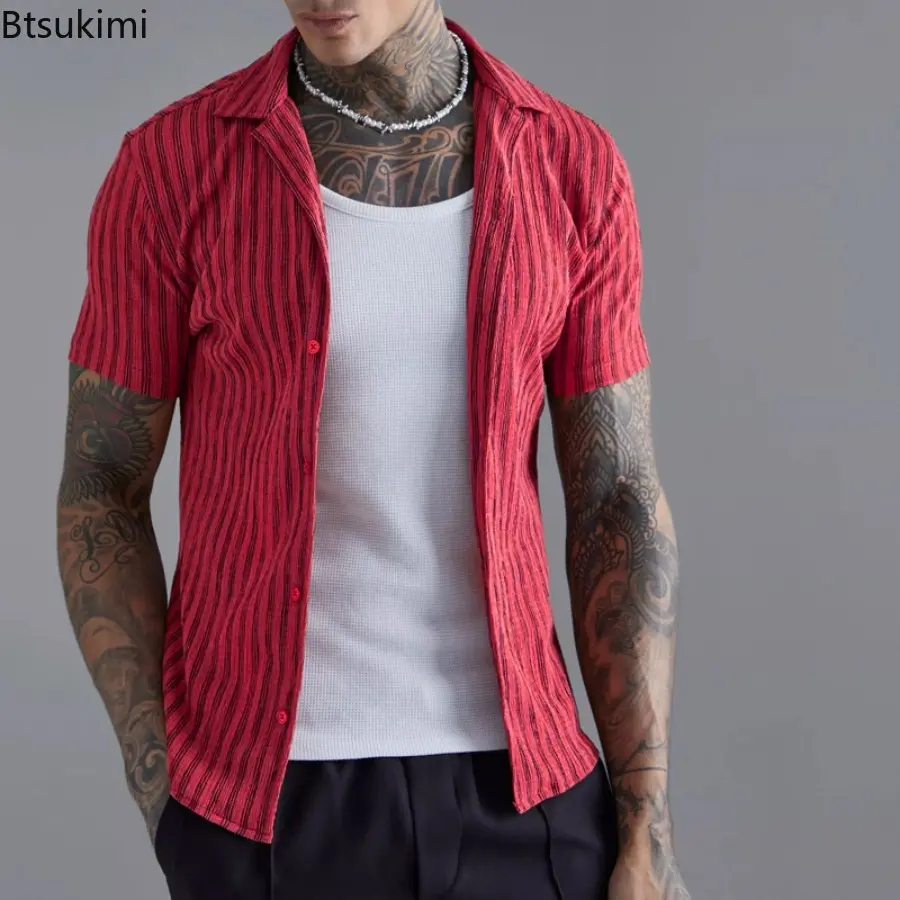 2025 Men's Summer Striped Short-sleeved Casual Shirts Comfy All-match Trend Lapel Cardigan Tops Men Loose Shirt Coats Streetwear