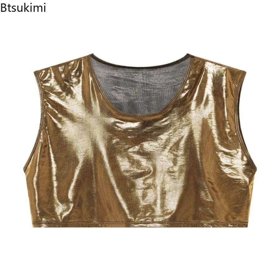Mens Faux Leather Tank Tops Sleeveless O-Neck Stage Runway Perform Tight Fitting Sports Tops Solid Color Sexy High Stretch Vest