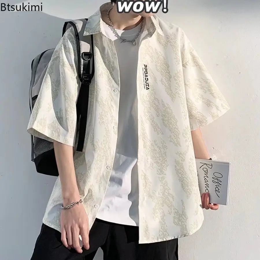 Summer New Trend Casual Shirts for Men Short-sleeved Loose Cardigan Tops Men's Handsome Streetwear Popularity Print Brand Blouse