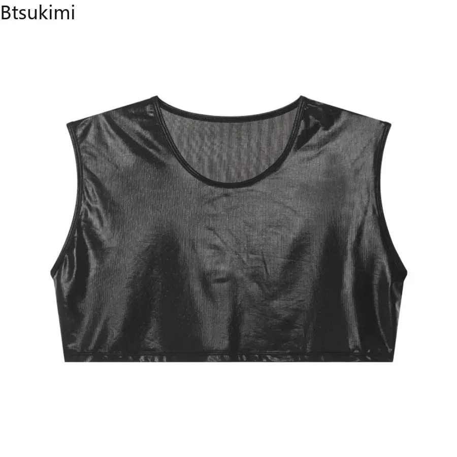 Mens Faux Leather Tank Tops Sleeveless O-Neck Stage Runway Perform Tight Fitting Sports Tops Solid Color Sexy High Stretch Vest