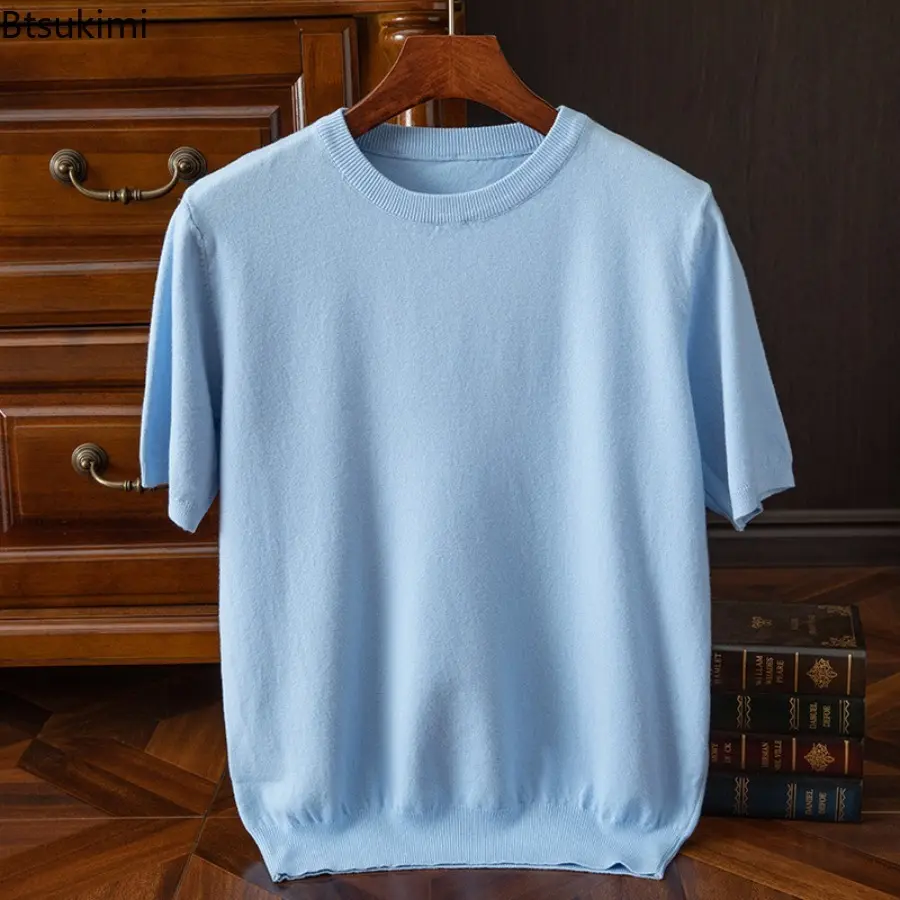 New 2025 Knitted Short Sleeve T-shirt Men's Summer Basic Round Neck T-Shirt Solid Color Tee Shirt Male Tops Loose Woolen Sweater