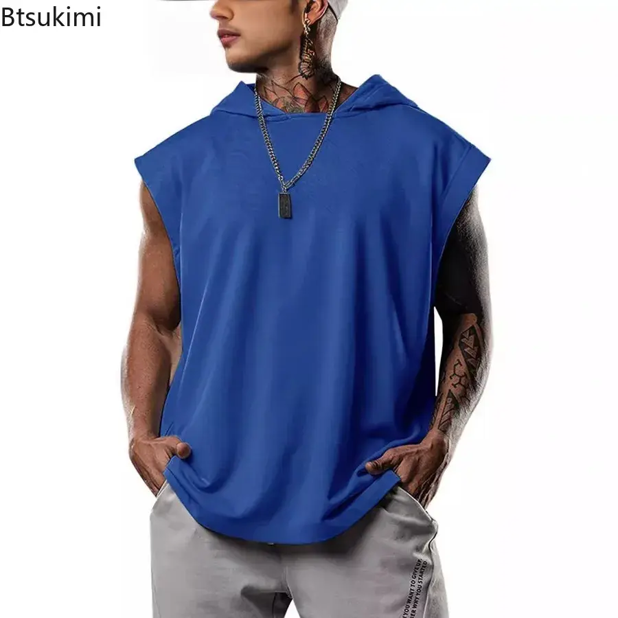 New Men's Loose Casual Hoodies T-shirt Fashion Sport Fitness Pullover Top Sleeveless Hooded Tank Tops Summer Sweatshirts for Men