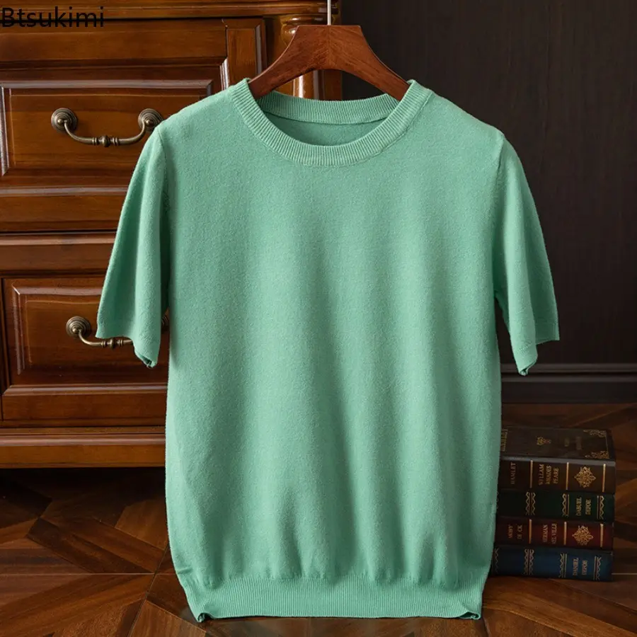 New 2025 Knitted Short Sleeve T-shirt Men's Summer Basic Round Neck T-Shirt Solid Color Tee Shirt Male Tops Loose Woolen Sweater