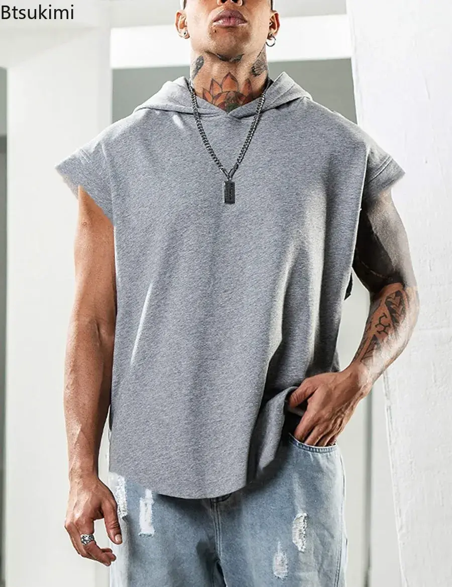 New Men's Loose Casual Hoodies T-shirt Fashion Sport Fitness Pullover Top Sleeveless Hooded Tank Tops Summer Sweatshirts for Men