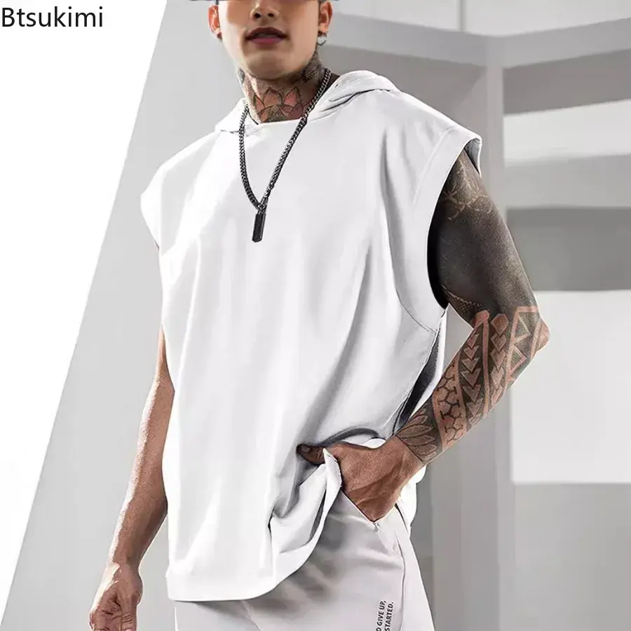 New Men's Loose Casual Hoodies T-shirt Fashion Sport Fitness Pullover Top Sleeveless Hooded Tank Tops Summer Sweatshirts for Men