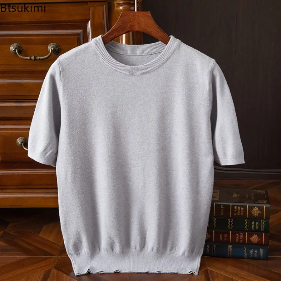 New 2025 Knitted Short Sleeve T-shirt Men's Summer Basic Round Neck T-Shirt Solid Color Tee Shirt Male Tops Loose Woolen Sweater