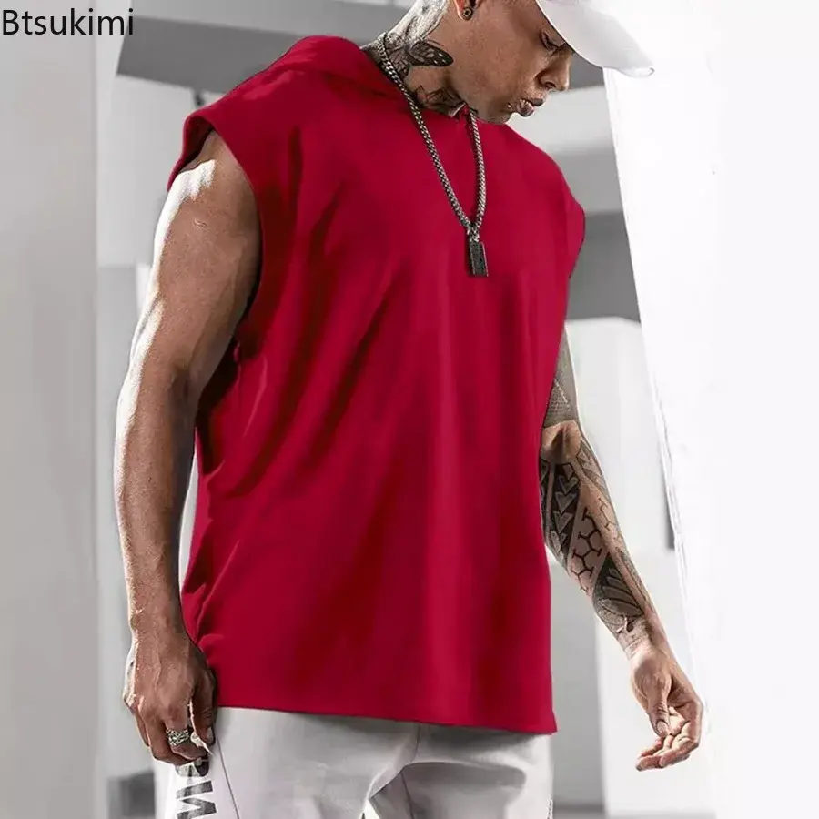 New Men's Loose Casual Hoodies T-shirt Fashion Sport Fitness Pullover Top Sleeveless Hooded Tank Tops Summer Sweatshirts for Men