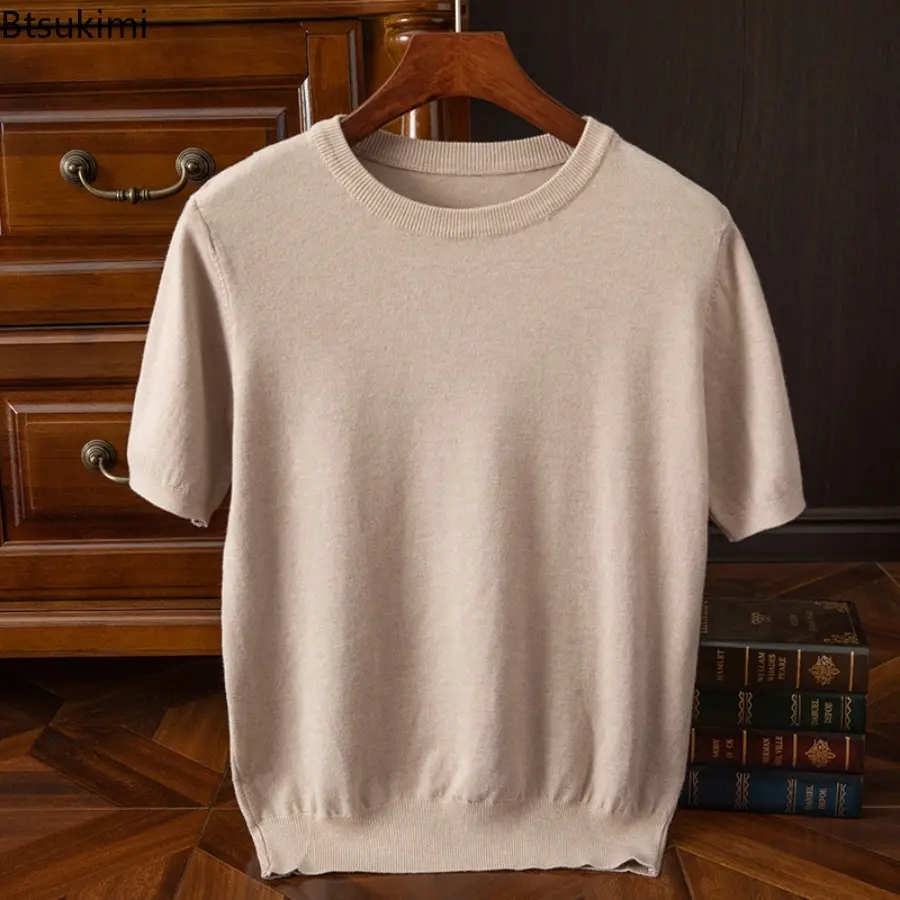 New 2025 Knitted Short Sleeve T-shirt Men's Summer Basic Round Neck T-Shirt Solid Color Tee Shirt Male Tops Loose Woolen Sweater