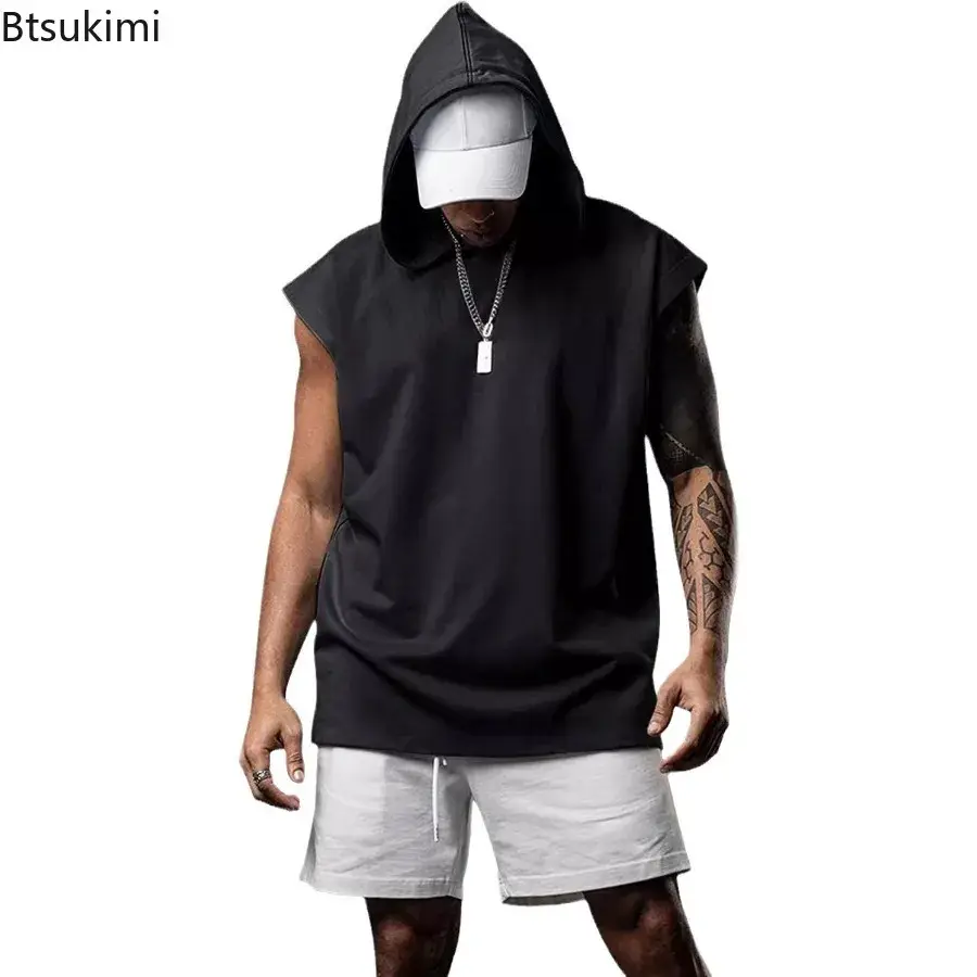 New Men's Loose Casual Hoodies T-shirt Fashion Sport Fitness Pullover Top Sleeveless Hooded Tank Tops Summer Sweatshirts for Men