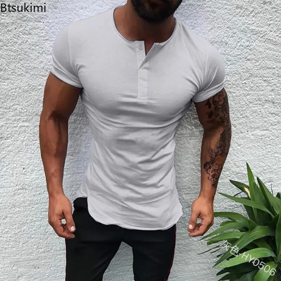 2025 Men's Summer Casual Short Sleeved Shirt Round Neck Solid Color Basic Thin Style Top for Men Button Slim Fit T-shirt Male