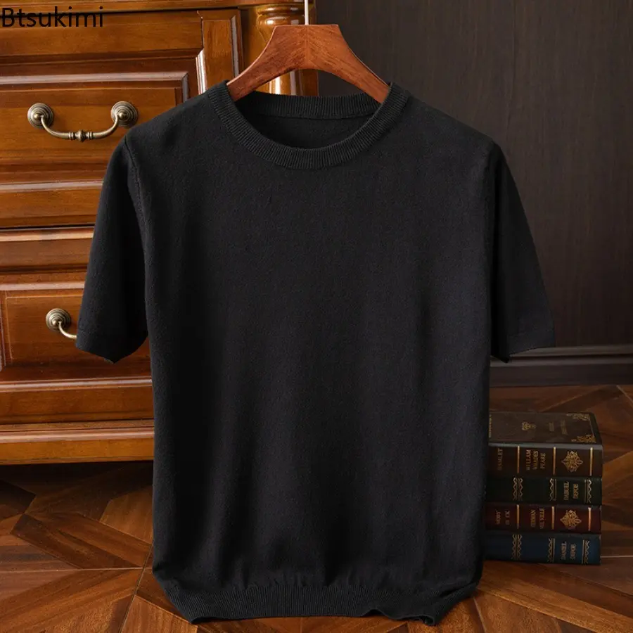 New 2025 Knitted Short Sleeve T-shirt Men's Summer Basic Round Neck T-Shirt Solid Color Tee Shirt Male Tops Loose Woolen Sweater