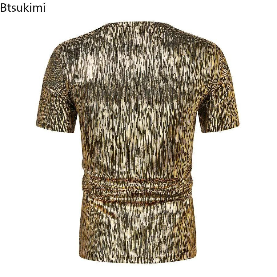 2025Men's Summer Shiny Short Sleeve T-shirts Trend Retro Casual O-neck Pullover Men Streetwear Disco Nightclub Party Tops Shirts